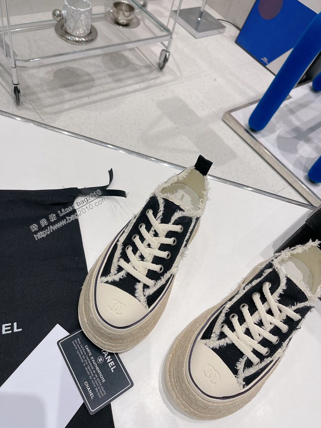 Chanel香奈兒2022早春新款松糕厚底漁夫鞋帆布鞋增高板鞋 dx3023